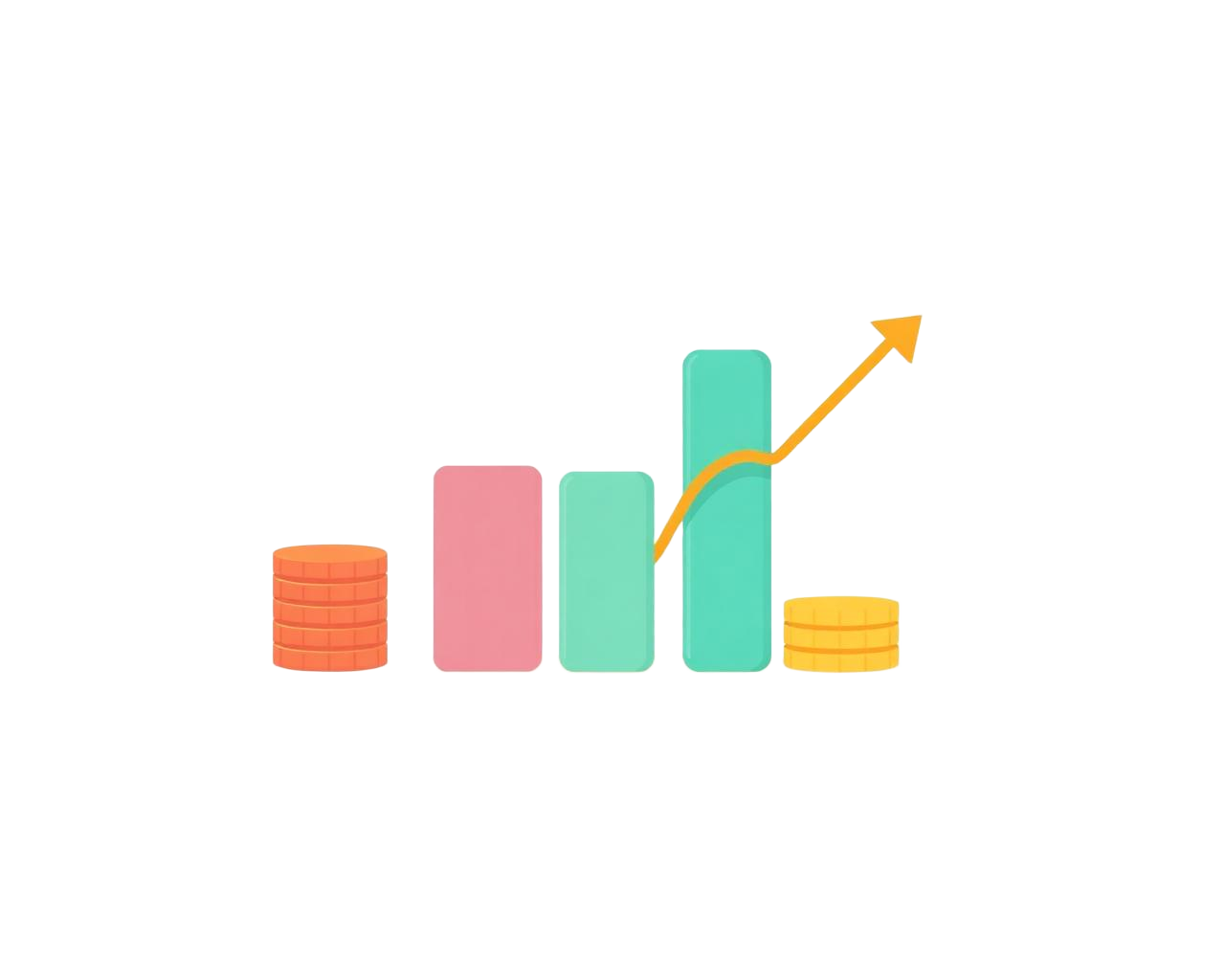 Friendly bar chart with coins growing upward, illustrating saving and investing